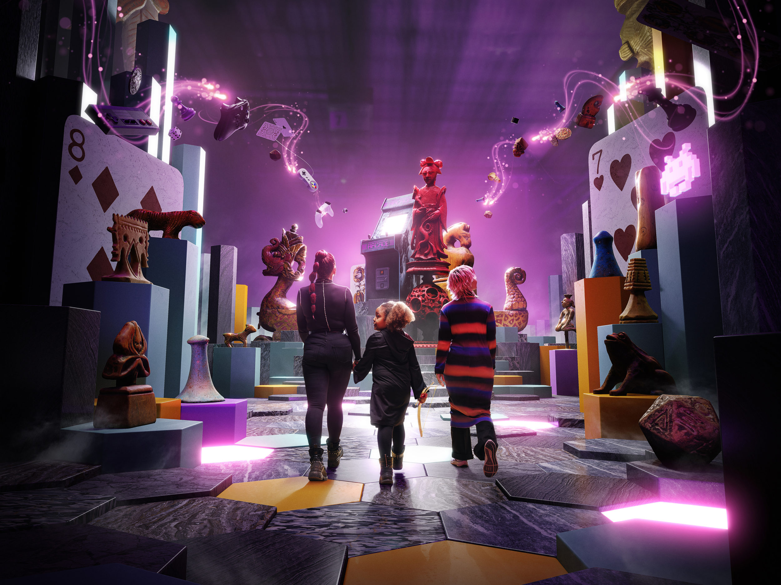 En vuxen och två barn går i en fantasifull spelmiljö på Världskulturmuseet i Göteborg.