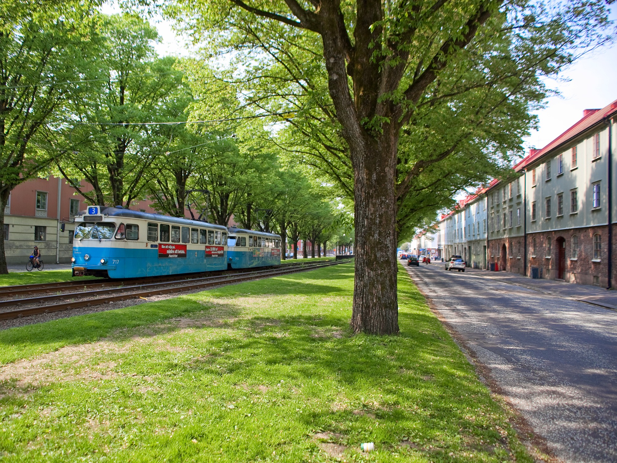 Utsikt till spårvagnsspåren där en blåvit spårvagn passerar, omgiven av träd, gräs och byggnader.