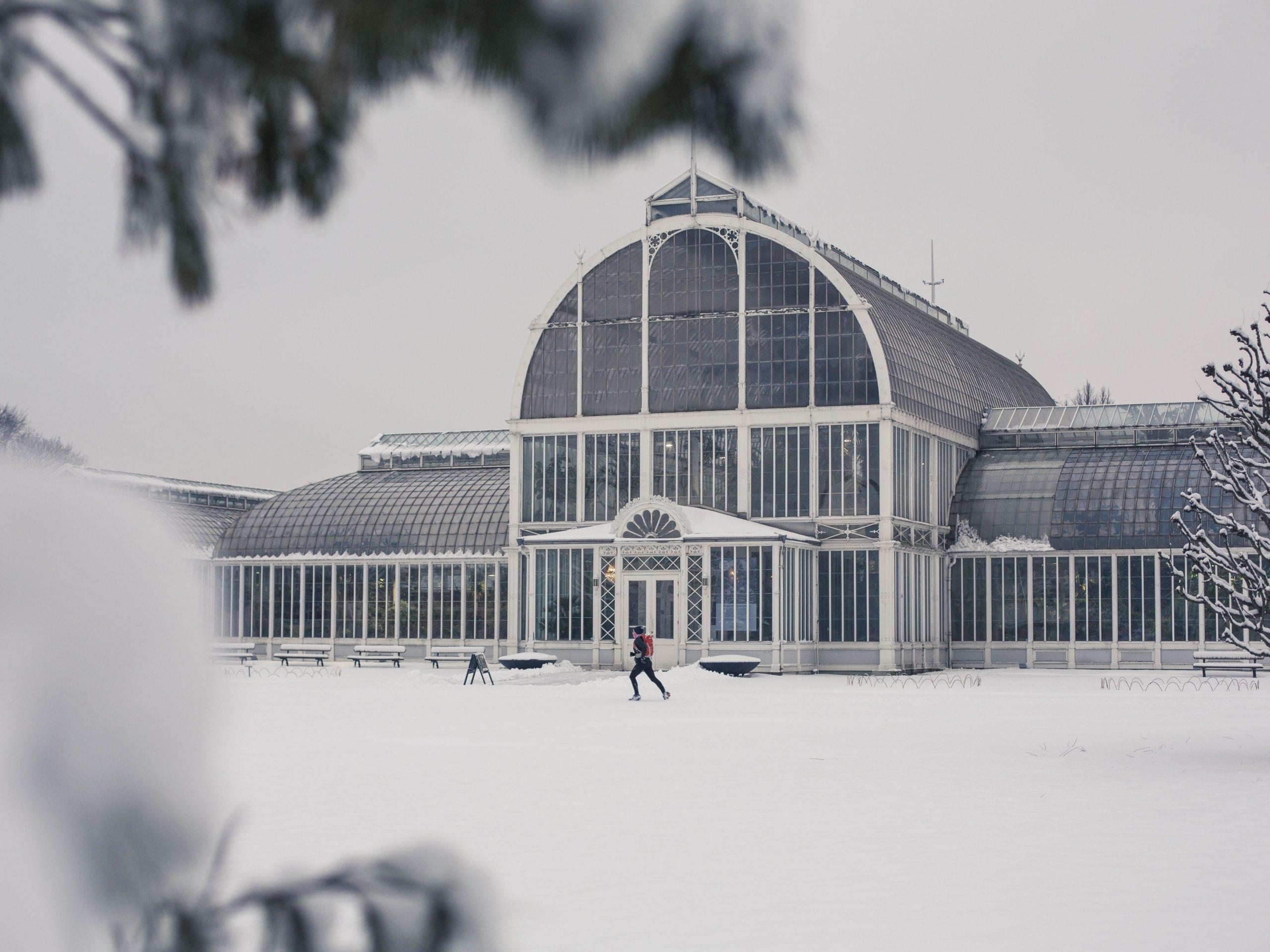 skidåkare framför stort växthus i en park