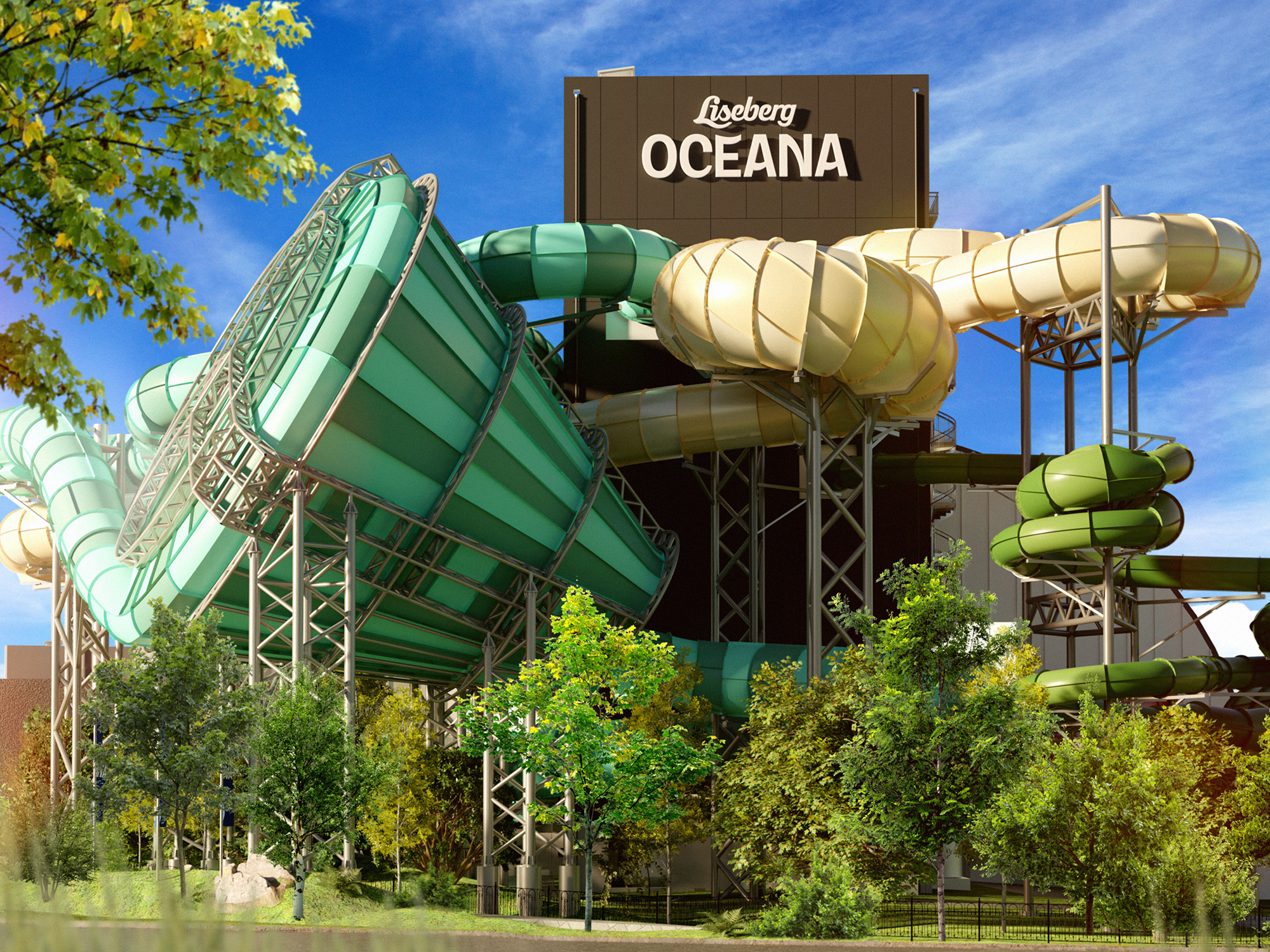 Concept image of the exterior of Liseberg Oceana water world opening in Gothenburg in spring 2024.