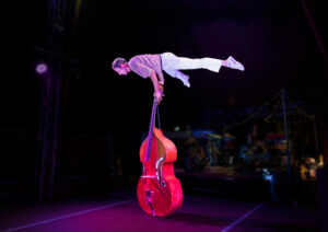 En akrobat balanserar på toppen av en stående basfiol