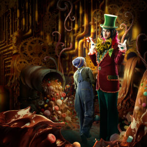 Willy Wonka står framför sin chokladfabrik tillsammans med Charlie. I bakgruden är det massor av godis.