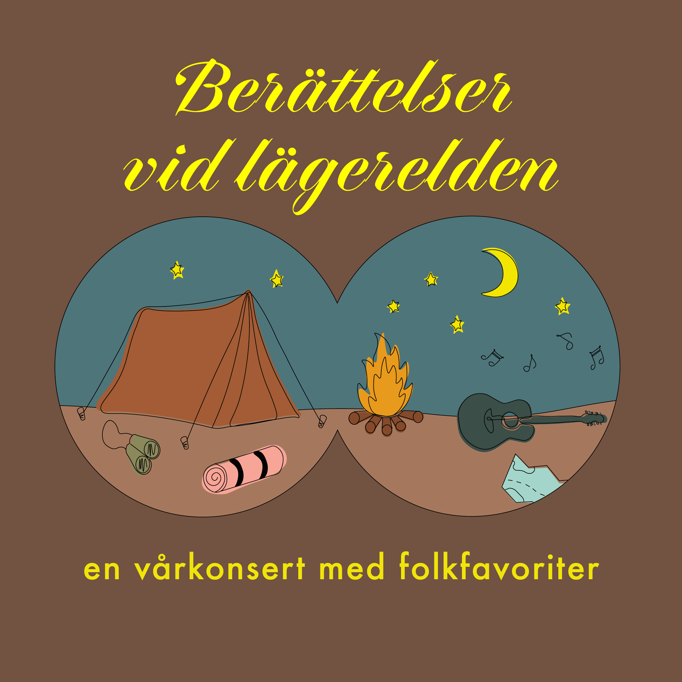 En illustration genom en kikare föreställande en stjärnklar natt med ett tält, lägereld och gitarr. Runt illustrationen står texten "Berättelser vid lägerelden – en vårkonsert med folkfavoriter".
