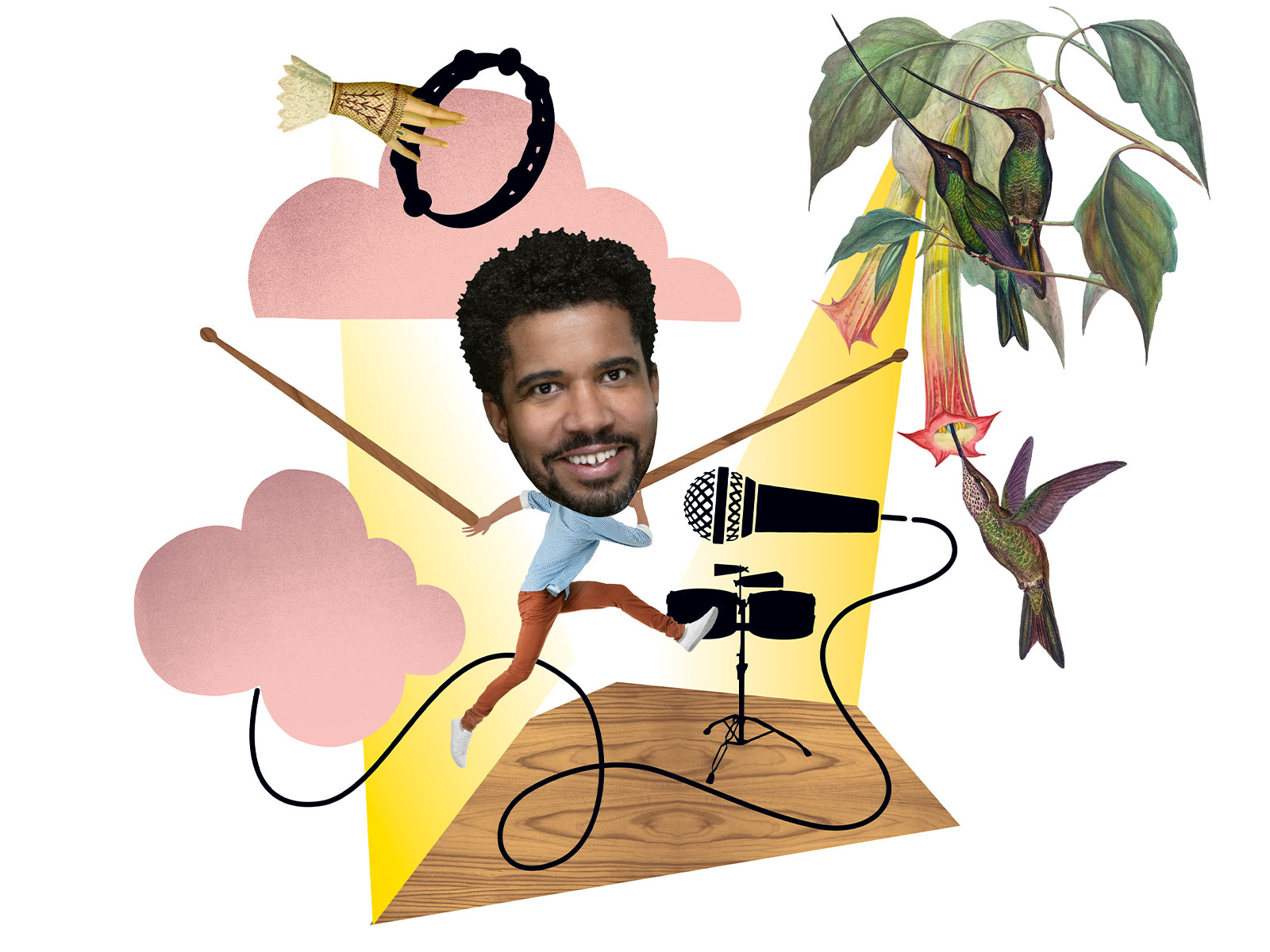 The presenter Yankho Kamwendo in a collage image with a microphone, a leaf a hummingbird and a tambourine.